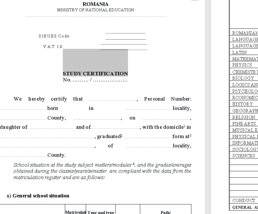 School situation at the study subject matters/modules 4, and the grades/averages obtained during the classes/years/semester are compliant with the data from the matriculation registe